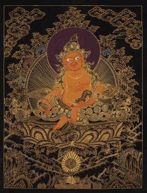 Black And Gold Painted Dzambala Thangka | Original Hand-Painted Deity Of Wealth